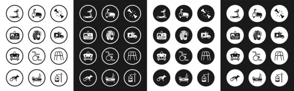 Set menschliche Knochenbrüche, Hörgerät, Erkennungsmarke, Laufband, Notarztauto, Krankenhausbett, Rollator und Mann ohne Beine sitzen Rollstuhlsymbol. Vektor — Stockvektor