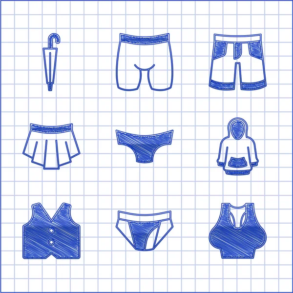 Set Men cuecas, camiseta, capuz, colete, saia, curto ou e ícone guarda-chuva. Vetor —  Vetores de Stock