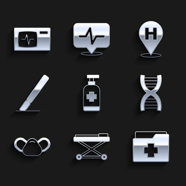 Set de jabón antibacteriano, camilla, registro de pacientes, símbolo de ADN, máscara protectora médica, bisturí quirúrgico, hospital de localización y monitor con icono de cardiograma. Vector — Vector de stock