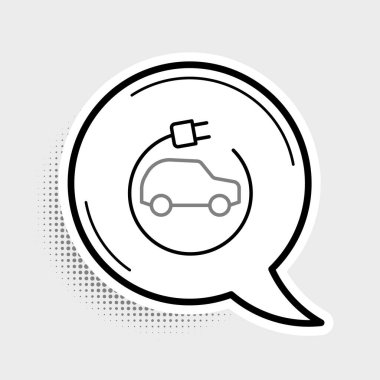 Elektrik hattı arabası ve elektrik kablosu şarj ikonu gri arka planda izole edildi. Yenilenebilir ekolojik teknolojiler. Renkli taslak konsepti. Vektör