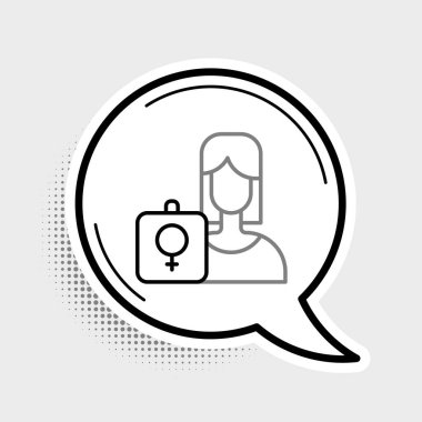 Çizgi Kadın Hareketi, bayrak ve pankart ikonlu feminist aktivist gri arka planda izole edilmiş. Feminist hakları hareketi, feminizm kardeşliği. Renkli taslak konsepti. Vektör