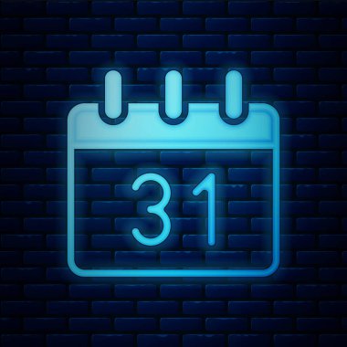 Parlayan neon takvim simgesi tuğla duvar arka planında izole edildi. Olay hatırlatma sembolü. Mutlu Noeller ve mutlu yıllar. Vektör