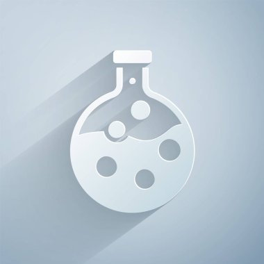Kağıt kesiği Test tüpü ve kimyasal test ikonu gri arka planda izole edilmiş. Laboratuvar cam levhası. Kağıt sanatı tarzı. Vektör
