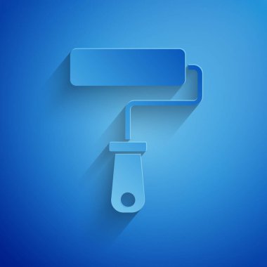 Kağıt kesiği boya fırçası simgesi mavi arkaplanda izole edildi. Kağıt sanatı tarzı. Vektör