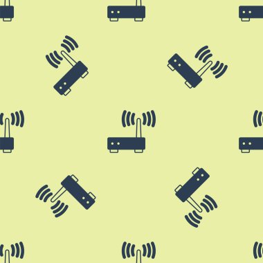 Mavi Router ve wi-fi sinyal ikonu sarı arkaplanda izole edilmiş kusursuz desen. Kablosuz ethernet modem yönlendirici. Bilgisayar teknolojisi interneti. Vektör