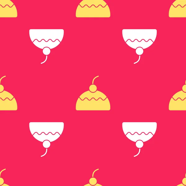 Yellow Cake icon isolated seamless pattern on red background. Happy Birthday. Vector — Stock Vector