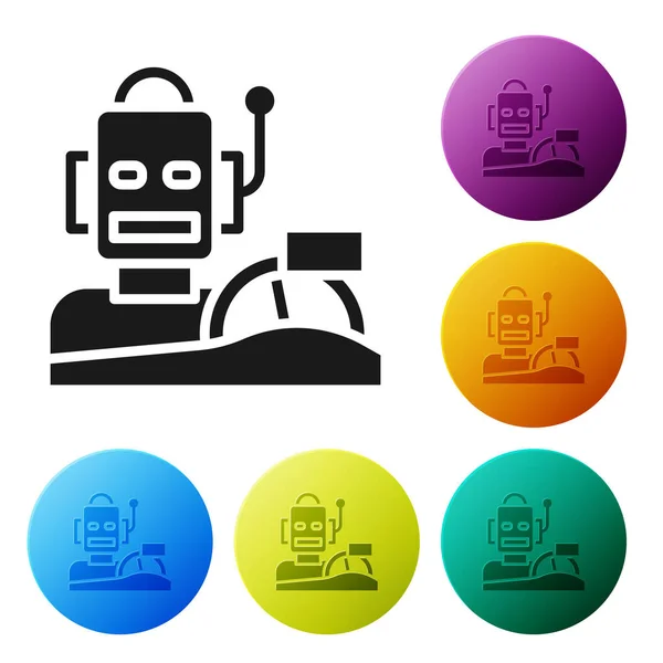黑色机器人人形驾驶的汽车图标隔离在白色背景。人工智能，机器学习，云计算。在彩色圆形按钮中设置图标.B.病媒 — 图库矢量图片