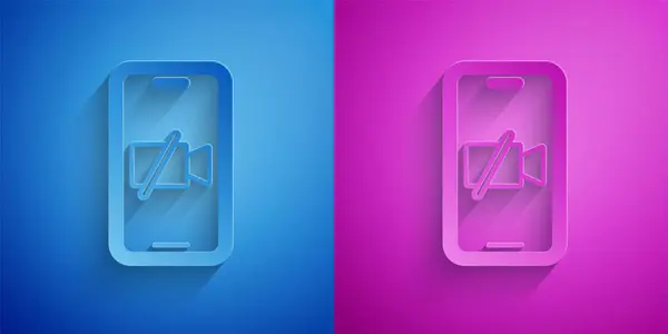 Corte de papel Cámara de vídeo en el icono de la pantalla móvil aislado sobre fondo azul y púrpura. No hay video. Estilo de arte de papel. Vector — Vector de stock
