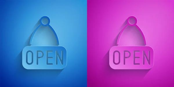 Paper cut Hanging sign with text Open door icon isolated on blue and purple background. Paper art style. Vector — Stock Vector