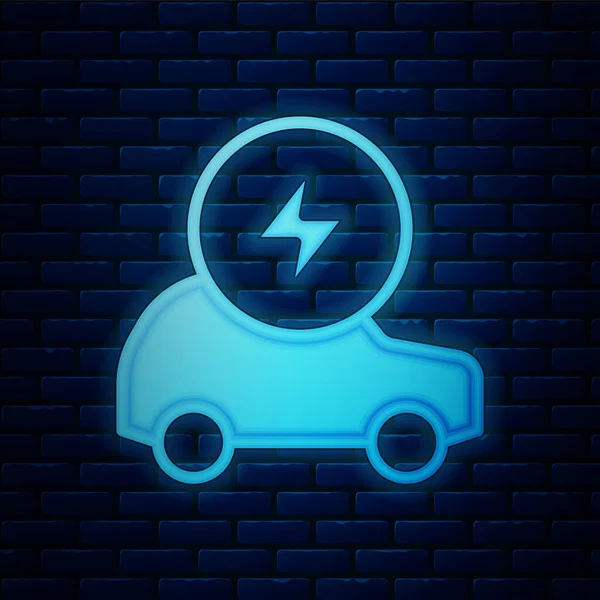 Parlak neon elektrikli araba ve elektrik kablosu şarj ikonu tuğla duvar arka planında izole edilmiş. Yenilenebilir ekolojik teknolojiler. Vektör