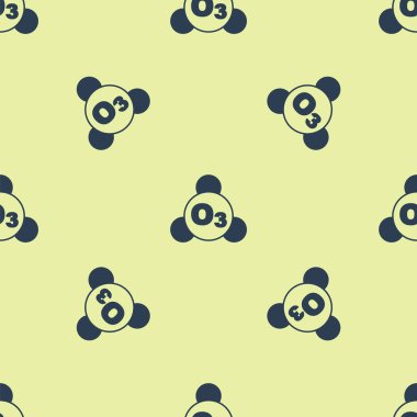 Mavi Ozon molekül ikonu sarı arkaplanda izole edilmiş pürüzsüz desen. Ozon, O3, trioksijen, inorganik molekül. Yapısal kimyasal formül ve molekül modeli. Vektör