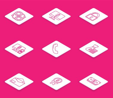 Hat Gear ve okları iş akışı konsepti olarak ayarla, Lock, cep telefonu bitcoin, telefon ahizesi, hesap makinesi para çantası, iyi bir simge için zarf ve ödül. Vektör