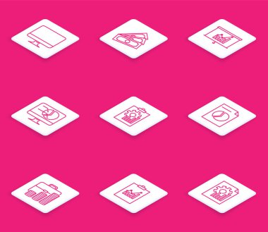 Satır bilgisayar monitörü ekranı, deste kağıt para, grafik grafikli tahta, pano, belge, evrak çantası ve para ve simge ayarlayın. Vektör