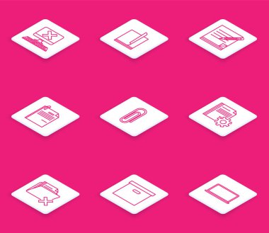 Satır Bilgisayarını klavye ve x işareti, Dosya belgesi, boş defter silgisi, ataç, Kağıt, Belge ayarları dişlileri, klasör ve karton kutu simgesi ile ayarla. Vektör