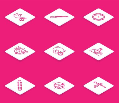 Hunt 'ı hedef tahtası, av tüfeği, av sporu, geyik, ayı, tuzak avı, kartuşlar ve tavşan ikonu için hedef alın. Vektör