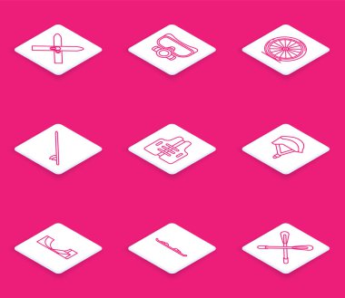 Kayak ve sopalar, dalış maskesi, bisiklet tekerleği, sörf tahtası, can yeleği, miğfer, kaykay parkı ve Snowboard ikonu. Vektör