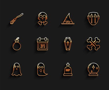 Ghost, Witches süpürgesi, Tombstone with RIP, Magic ball, Calendar Halloween date 31 Ekim, Crossed bones and Coffin Christian cross simgesi. Vektör