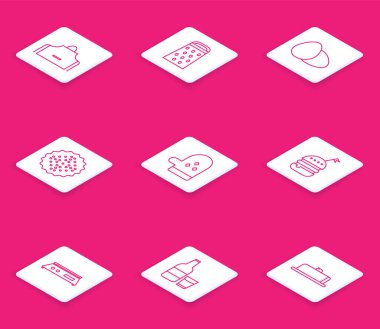 Sabit hat mutfak önlüğü, Grater, Tavuk yumurtası, Kraker bisküvisi, fırın eldiveni, Burger, Elektronik terazi ve cam ikonlu cam şişe. Vektör