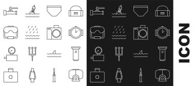 Halat dalış maskesi, el feneri, saat, yüzme şortu, yağmur ve dalgalar, dalgıç ikonu için endüstriyel metalik boru vanası ve fotoğraf makinesi. Vektör