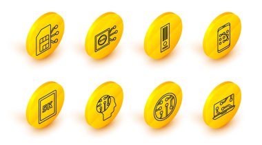 Satır dizüstü, İşlemci, İnsan beyni dijital devre kartı, Tablet ile metin 5k, mobil ve grafik şifre koruması, video oyun konsolu, uzaktan kumanda ve Sim kart simgesi. Vektör