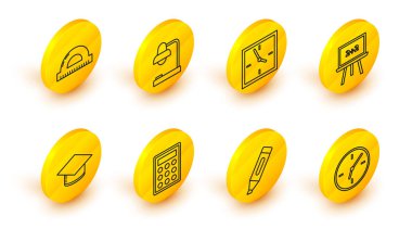 Çizgi Saat, İşaretleyici kalem, Hesap Makinesi, Mezuniyet bonesi, Kaya tahtası, Tablo lambası ve derece simgesini ölçmek için koruyucu ızgarayı ayarlayın. Vektör