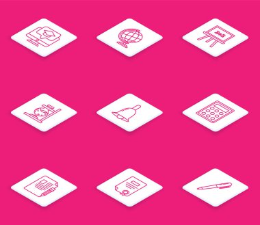 Mezuniyet şapkası, Dünya küresi, tebeşir tahtası, cam tüp tüpü ateşi, zil, hesap makinesi, sınav kağıdı ve silgi ve sertifika şablon ikonu ile hat monitörünü ayarla. Vektör