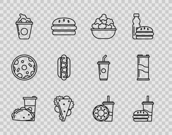 Tortilla soslu kağıt bardak ve taco, saman burger, patlamış mısır kasesi, sandviç, karton kutu, Hotdog sandviç hardalı, çörek ve soda ikonu. Vektör — Stok Vektör