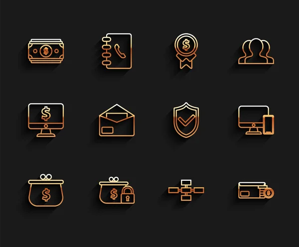 Defina a linha Carteira com símbolo de dólar, Empilha dinheiro em papel, Infográficos de organograma de hierarquia de negócios, Moeda de envelope, Monitor de computador e telefone celular e ícone de marca de verificação de escudo. Vetor —  Vetores de Stock