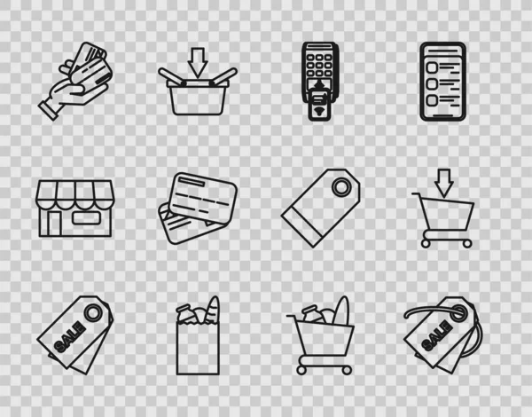 Definir linha Price tag com uma inscrição Sale, Paper shopping bag food, Human hand holding credit card, Credit, Shopping cart and Add to icon. Vetor — Vetor de Stock