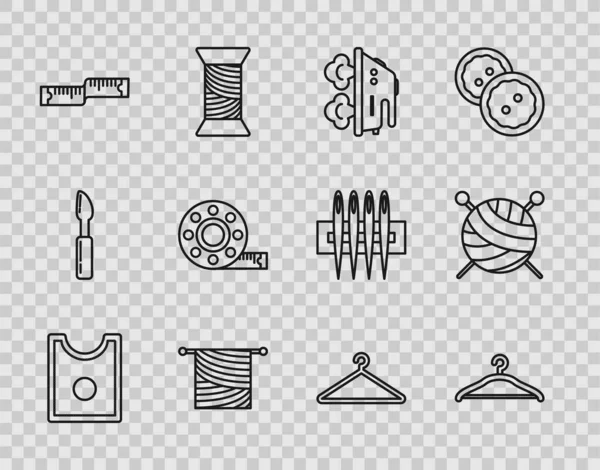 Set line šicí vzor, Závěsná skříň, Elektrické železo, pletení, Páska opatření, a příze míč s pletací jehlice ikony. Vektor — Stockový vektor