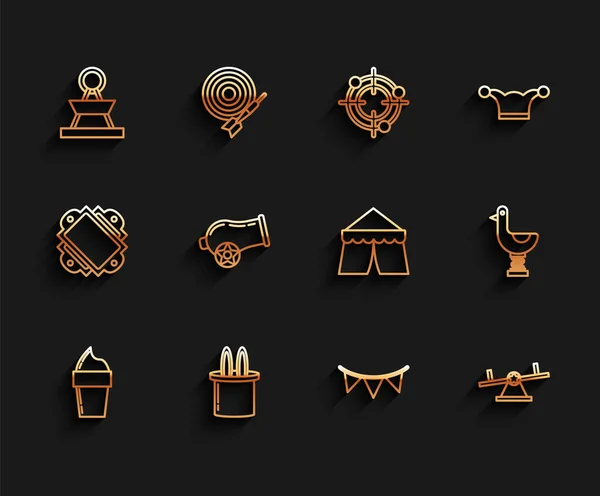 Set-Line-Eis in Waffelkegel, Zaubermütze und Hasenohren, Attraktionskarussell, Karnevalsgirlanden mit Fahnen, Wippe, Kanone, Reitentenente und Zirkuszelt-Ikone. Vektor — Stockvektor