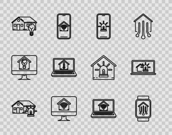 Set line Casa inteligente y alarma, hogar con reloj inteligente, teléfono móvil, monitor de computadora wi-fi, bombilla, temperatura del ordenador portátil e icono. Vector — Archivo Imágenes Vectoriales