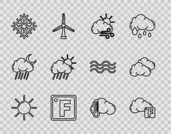 Definir linha Sol, Fahrenheit e nuvem, Tempo ventoso, Floco de neve, Nuvem com sol de chuva, Termômetro e ícone. Vetor — Vetor de Stock