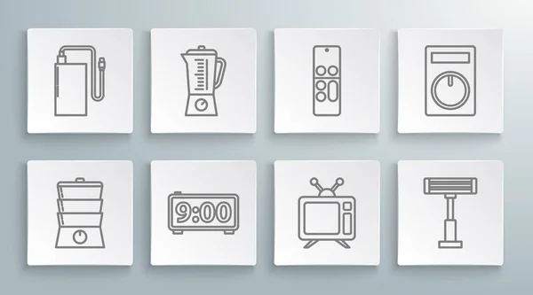 Set lijn Dubbele boiler, Blender, Digitale wekker, Televisie, Elektrische kachel, Afstandsbediening, en Power bank met verschillende oplaadkabel pictogram. Vector — Stockvector