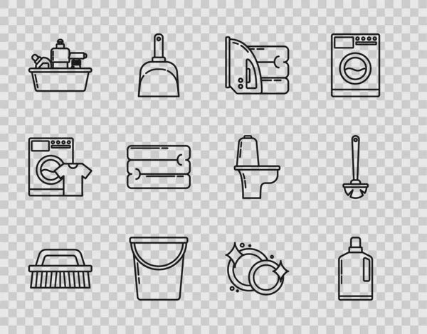 Set line Brush for cleaning, Plastic bottles liquid dishwashing liquid, Electric iron and towel, Bucket, Towel stack, Washing dishes and Toilet brush icon. Vector — Stock Vector