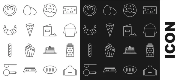 Set line Delantal de cocina, Rallador, Panadería masa tazón, Donut con glaseado dulce, Rebanada de pizza, Croissant, Pretzel y Harina icono del paquete. Vector — Vector de stock