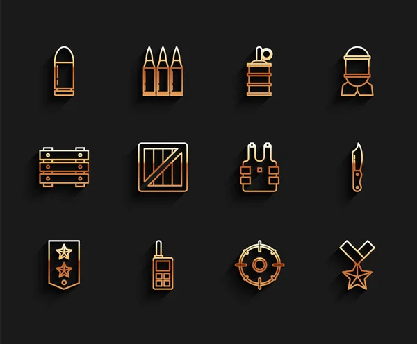 Set line Chevron, Walkie talkie, Bullet, Target sport para la competición de tiro, medalla de recompensa militar, caja de municiones, cuchillo y protección chaleco antibalas icono. Vector — Vector de stock