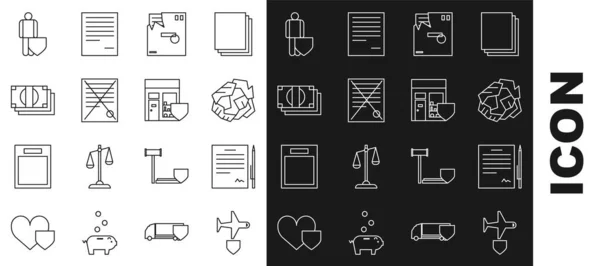 Ligne fixe Avion avec bouclier, Stylo contractuel, Boule de papier froissée, Enveloppe commandée, Supprimer le document de fichier, Empile de l'argent comptant, Icône d'assurance-vie et de bâtiment commercial. Vecteur — Image vectorielle