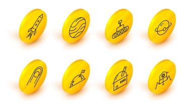 Mars gezgini, astronomik gözlemevi, bayraklı gezegen, uydu ve roket gemi ateşleme ikonu. Vektör