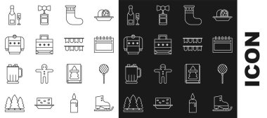 Şekil Patenler, Lolipop, Takvim, Noel çorabı, kağıt alışveriş çantası, kazak, şampanya şişesi ve bir bardak şampanya ve bayrak ikonlu karnaval çelengi. Vektör