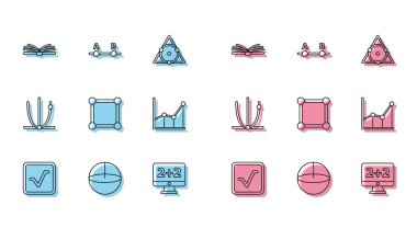Satır Açma Defteri, Hesap Makinesi, Mobil Hesap Makinesi Arayüzü, Grafik, Çizelge, Çizelge, Çizelge, Çizelge Tahtası, Sigma sembolü, Zil Çalma ve Test Sınav Kağıdı simgesi ile ayarla. Vektör