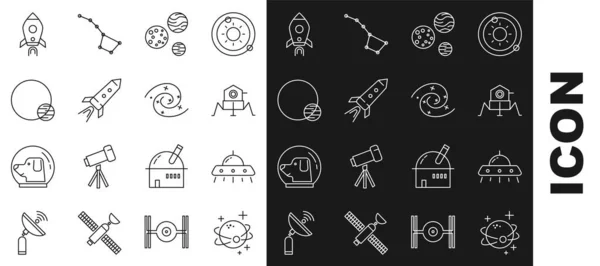 Set line Planet, UFO létající kosmická loď, Mars rover, Raketa s ohněm, a Černá díra ikona. Vektor — Stockový vektor