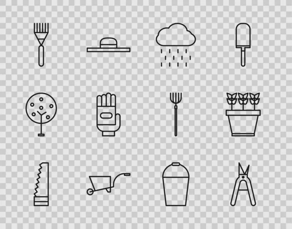 Gartensäge, Gartenschere, Wolke mit Regen, Schubkarre, Harke, Handschuhe, Eimer und Pflanzentopf-Symbol. Vektor — Stockvektor