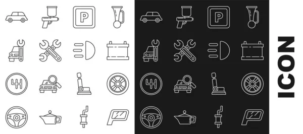 Set line Autospiegel, Rad, Batterie, Parkplatz, Schraubenschlüssel, Service und Fernlicht-Symbol. Vektor — Stockvektor