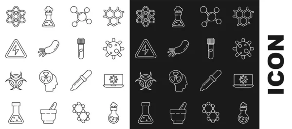 Set Line Reagenzglas und Kolben Chemikalien, Bakterien auf Laptop, Molekül, Hochspannungszeichen, Atom und Symbol. Vektor — Stockvektor