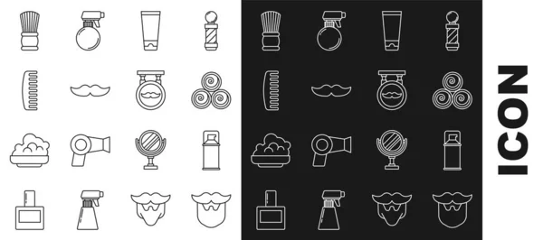 Set línea bigote y barba, espuma de gel de afeitar, rollos de toalla, crema o loción tubo cosmético, cepillo de pelo, y el icono de la barbería. Vector — Archivo Imágenes Vectoriales