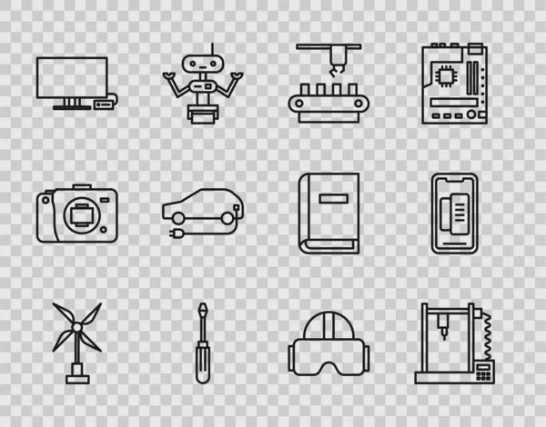 Set line Wind turbine, 3D printer, Factory conveyor system belt, Screwdriver, Smart Tv, Electric car, Virtual reality glasses and Smartphone, mobile phone icon. Vector — Stock Vector