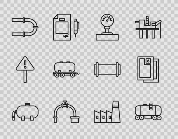 Establecer línea Petróleo edificio de la fábrica industrial, cisterna ferroviaria, escala de calibre, tubería y válvula de la industria, y el barril de petróleo icono. Vector — Archivo Imágenes Vectoriales