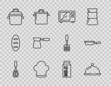 Mutfak çırpıcı, tepsi dolusu yiyecek, mikrodalga fırın, şef şapkası, pişirme kabı, kahve hindisi, süt ve kızartma tavası ikonu ile kaplı. Vektör