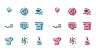 Kokteyl, müzik notası, ton, kalp şeklinde balon, parti şapkası, lokasyon Vip, takvim partisi, doğum günü kornası ve ikonu. Vektör